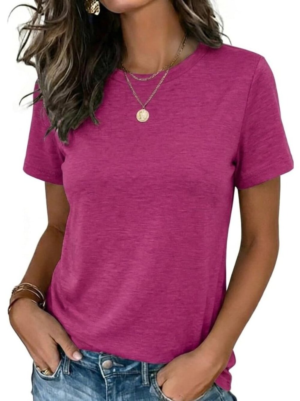 Women's Hot Pink Short Sleeve Crew neck Casual Basic Imported Tee Shirts